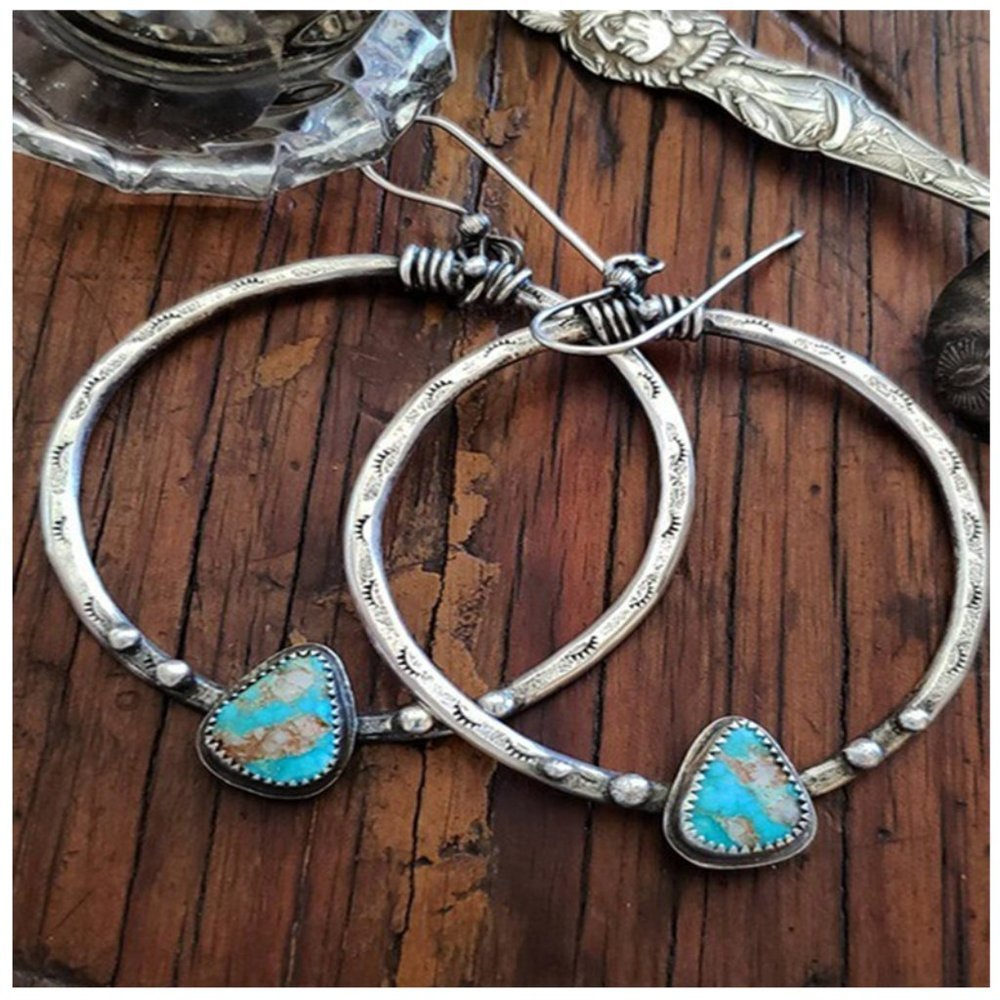 🍁Vintage Punk Style Silver Plated Turquoise Big Circle Drop Earrings, UNVN12468 - Picture 5 of 6